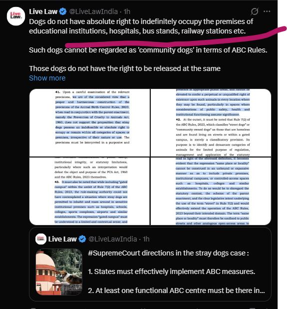 HoomanDecoder's tweet photo. THERE ARE PEOPLE SPREADING FALSE CLAIMS THAT COMMUNITY DOGS CAN BE RANDOMLY REMOVED FROM PUBLIC SPACES. THAT IS NOT TRUE!

As per the law and ABC Rules, community dogs cannot simply be picked up and removed from streets or residential areas because someone dislikes them. Sterilized and vaccinated dogs have a right to live in their own territories.

Dogs may only be relocated in specific situations permitted under the law such as from sensitive areas like hospitals, railway stations, or educational institutions and even then, only through proper legal procedures. NOT because a few dog haters demand it.

RWAs and residents cannot unlawfully threaten, harass, or stop feeders from feeding community dogs. Feeding is legally allowed. Compassion is not a crime.

If any dog feeders, rescuers, or animal lovers witness harassment, violence, intimidation, illegal relocation attempts, or cruelty towards community dogs, they should document the incident and FILE COMPLAINTS immediately.

People spreading hate and taking the law into their own hands are NOT immune from FIRs and legal action.

The solution is proper implementation of ABC Rules, sterilization, vaccination, and humane coexistence — not cruelty, misinformation, or mob hatred.

SPREAD FACTS. NOT FEAR.
PROTECT COMMUNITY DOGS. SUPPORT LEGAL FEEDING.

@indSupremeCourt @FIAPOIndia @dgpup
@adgzonebareilly @noidapolice @PoliceNoida
@noitspolice @CP_Noida #NoidaPolice @aajtak
@CellDelhi @DP_Licensing @dpa_delhipolice
@DPMAHASANGH @Hum_Sab_Ek_Ha
@DelhiPoliceCom1 @Nodalofficer_NE
@BiharTakChannel #StopAnimalCruelty #BeKindToAnimals #AnimalRights #saveindiafromdoghaters #JusticeForStrays #StopAnimalCruelty #Accountability #AmendPCA #NoMore50 #SaveIndianDogs #AwaraNahiHamaraHai @rashtrapatibhvn
@THaPriYa12 @JahnaviIyer  @dilthi_gujarati
@DDNewslive

@ndtv
@timesofindia
