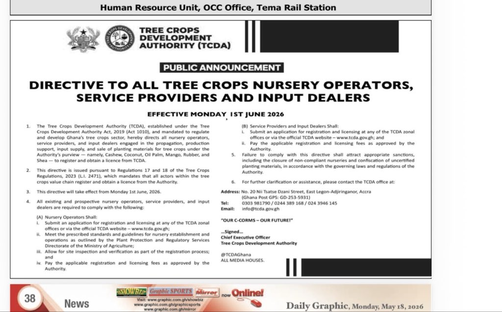 AndyOOkrah's tweet photo. TCDA issues directive to all Tree Crops Nursery Operators, Service Providers and Input dealers in line with TCDA regulations LI 2471 ,2023 . All interested and eligible operators must take advantage to register and get the requisite license to operate as an actor in the space . https://t.co/FOxUcf3Lkr