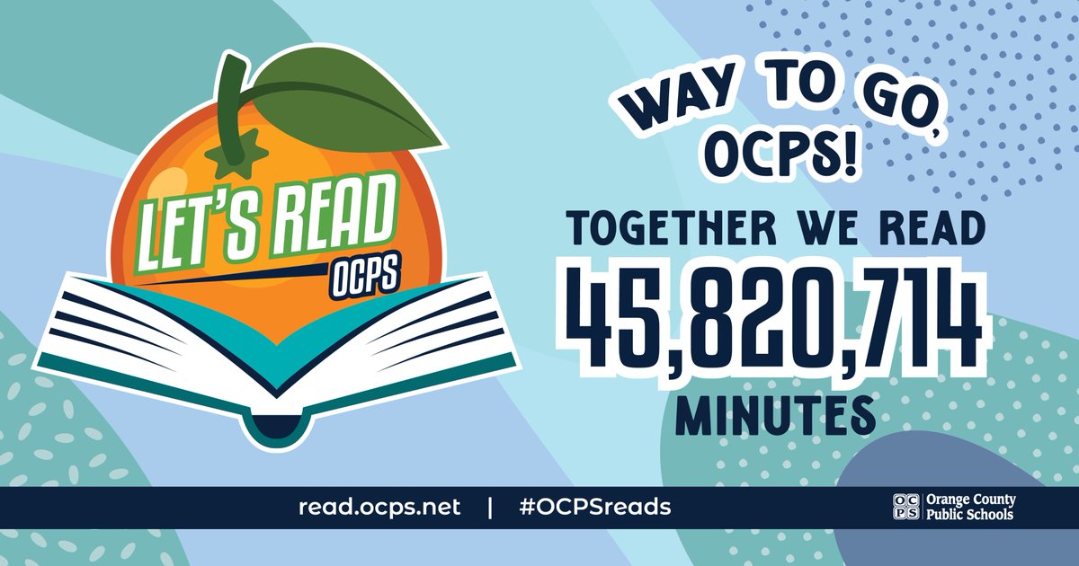 OCPSnews's tweet photo. 45,820,714 MINUTES! ππ₯³ Thatβs a wrap on this year's Letβs Read OCPS campaign -- and the growth is incredible:
- OCPS students & staff logged 7% more minutes (participation up 9%!)
- Our community logged 12% more minutes than last year!
Way to grow, readers!
#OCPSReads #ocps https://t.co/OEM6GK2wQT