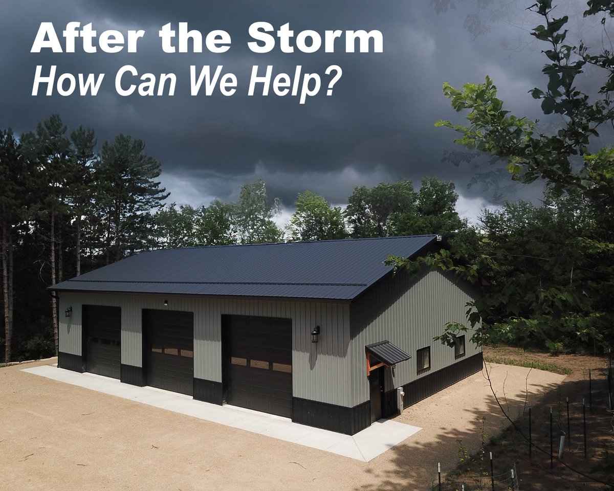 ClearyBuilding's tweet photo. We're here to help repair your post frame building.  If your building was impacted by the recent severe storms, please message or call us at 1-800-373-5550, so your local Building Specialist can schedule a time to assess the damage.  We’ll help you determine the best fix. https://t.co/H0GoqV3UAi