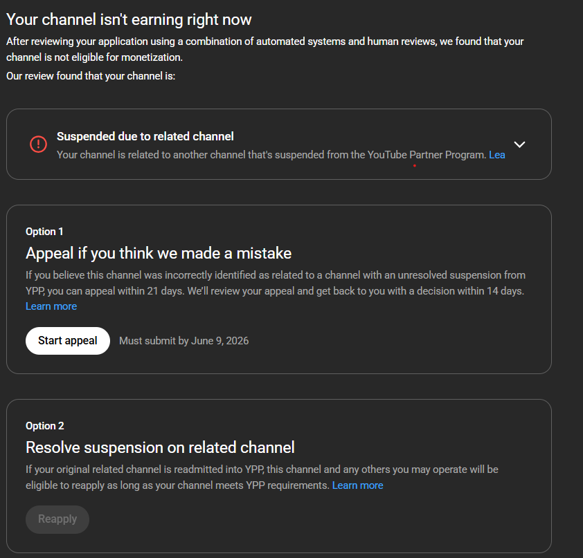 nkfu's tweet photo. Calling all YouTube Creators & Tech Community: If you were in my shoes, what on earth would you do? Has anyone managed to break out of this loop? 🔄👇

My entire 13-channel network is currently trapped in an absolute algorithmic nightmare. All of my active channels have been simultaneously hit with a "Suspended due to related channel" restriction.

Here is the systemic paradox (as you can see in the screenshot below): The system tells me to "Resolve suspension on related channel" (Option 2). But when I switch to that "other" channel, it shows the exact same screen telling me to go back and fix the first one! Every single channel in my network is pointing at each other in a closed loop, claiming the "other" one is the root cause.
I have NO other external or hidden accounts. This network is my entire livelihood. YouTube Support refuses to tell me which channel the system considers the "original" source of the issue, citing "internal security policies."

We spent months completely auditing our network, deleting over 4,500 legacy videos to ensure 100% compliance with YPP, only to be locked in an automated prison with zero human oversight.

If any fellow creators, digital rights advocates, or product experts have any insight, advice, or contacts within the YouTube engineering/policy teams to get a manual override, I would deeply appreciate your guidance.

Please share this to help a fellow creator get a human response. 🙏 @TeamYouTube