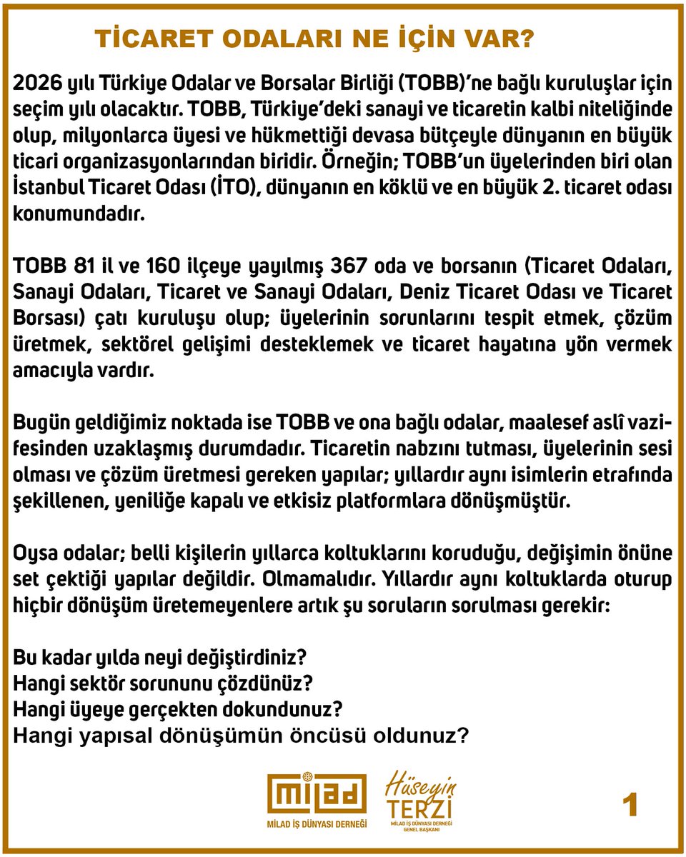 terzihuseyin34's tweet photo. TİCARET ODALARI NE İÇİN VAR?

Aynı isimlerle, aynı anlayışla, aynı sonuçları alarak ilerlemek mümkün değildir.

Değişim; yalnızca kadroların değil, zihniyetin değişmesiyle mümkündür.

TOBB’un gerçek gücü, üyelerinin sesini gerçekten duyduğu gün ortaya çıkacaktır. https://t.co/5aHyyyFSvd