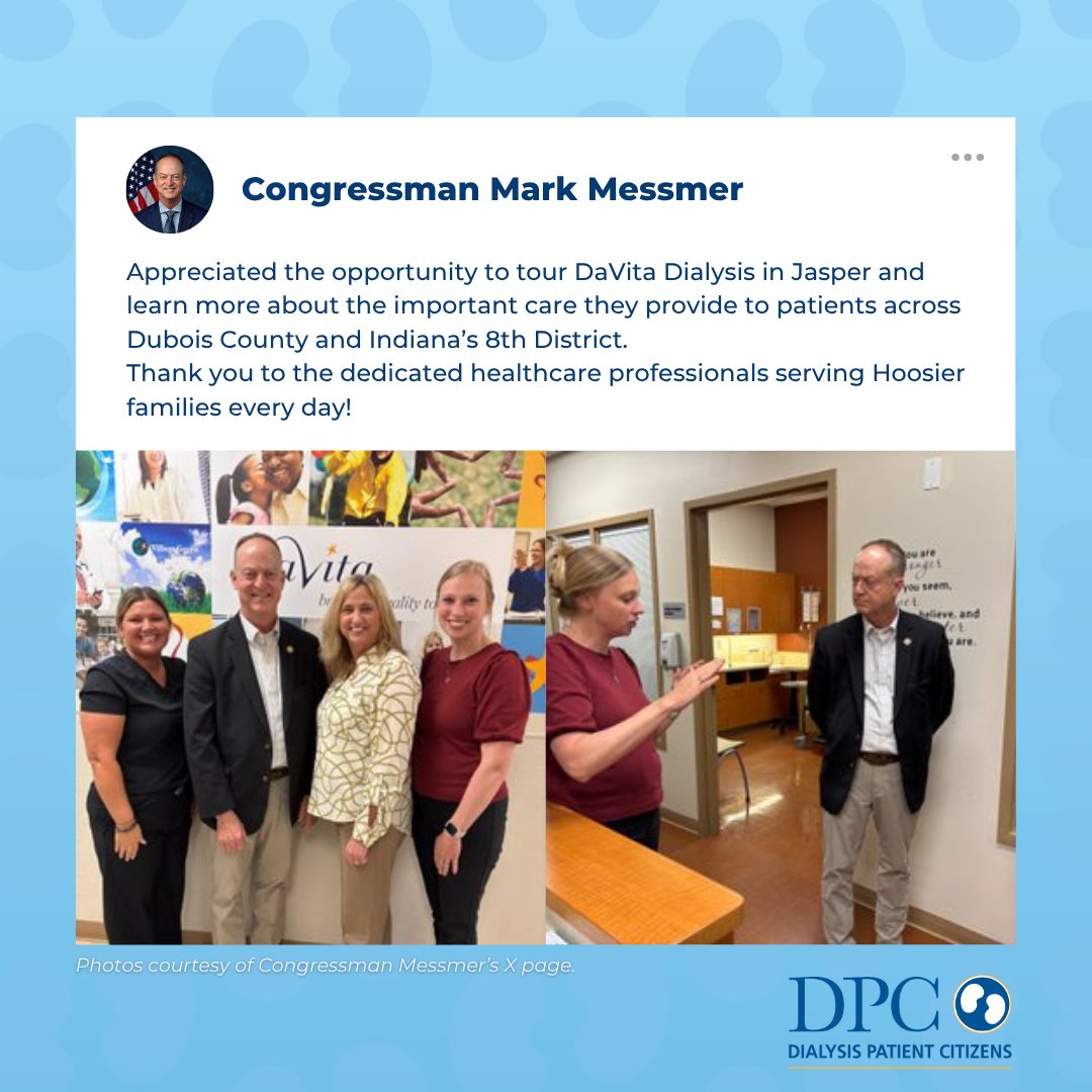 PatientCitizen's tweet photo. Thank you, @RepMessmer, for your recent visit to a DaVita clinic. Patients and healthcare professionals in Indiana are fortunate to have representatives dedicated to meeting with them directly and learning about their needs firsthand.
#KidneyAdvocacy #DialysisCare https://t.co/vpIdMpZvF8