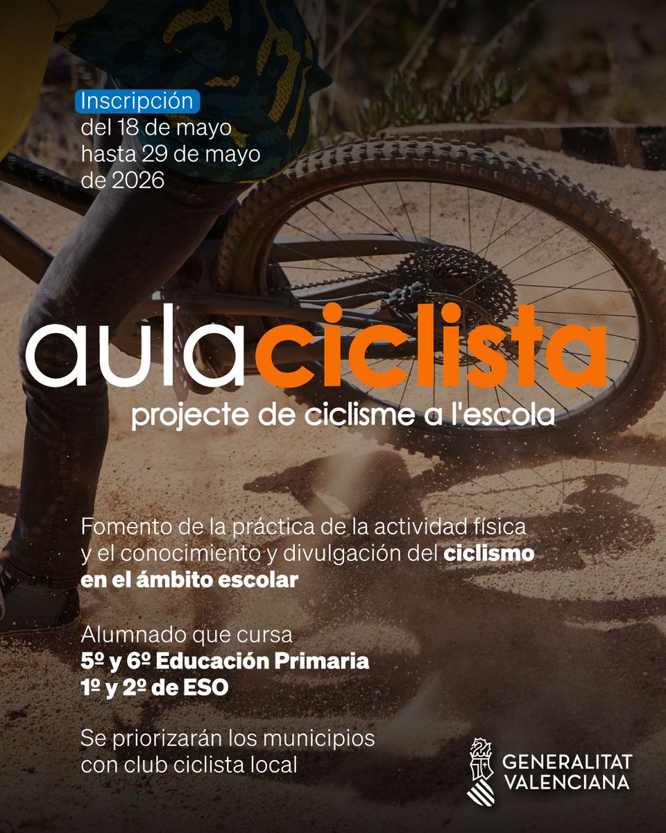 generalitat's tweet photo. 🚴‍♀️ Ja estan obertes les inscripcions per a la nova edició d’Aula Ciclista

🏫 Dirigida als centres docents de la Comunitat Valenciana

🧑‍🦱👩‍🦰 Activitat per a alumnat de 5é i 6é de Primària i 1r i 2n d’ESO

🚲 Sessions sobre ús segur de la bicicleta

🌱 Mobilitat sostenible, hàbits saludables i educació viària

📅 Inscripcions fins al 29 de maig ➡ @fciclismocv

🔗 https://t.co/AkBJi6HDI2