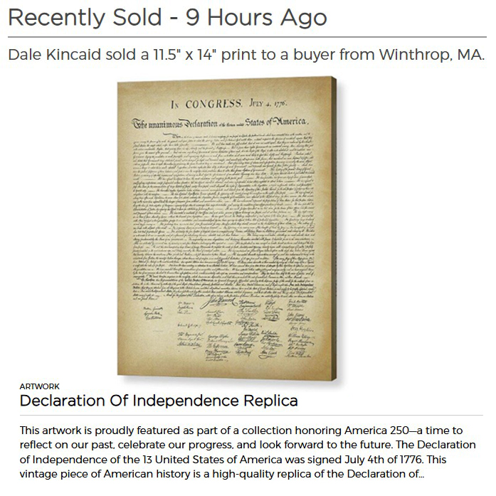 dalekincaid's tweet photo. A heartfelt thank you to the buyer from Winthrop, Massachusetts for purchasing an 11.5" x 14" acrylic print of my “Declaration Of Independence Replica” artwork from the America 250 Collection.

👉 Explore the America 250 Collection at https://t.co/dDoq0q6MBE
#America250 https://t.co/SRqQJqY0JE