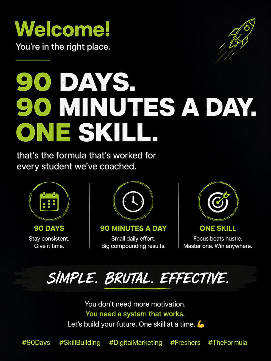 Granesh_X's tweet photo. 90 days. 90 minutes a day. One skill. That's the formula That's worked for every student we've coached. Simple. Brutal. Effective. [https://t.co/X6kAg2kqiw]

#90Days #SkillBuilding #DigitalMarketing #Freshers #TheFormula https://t.co/6MCv5PmM9V
