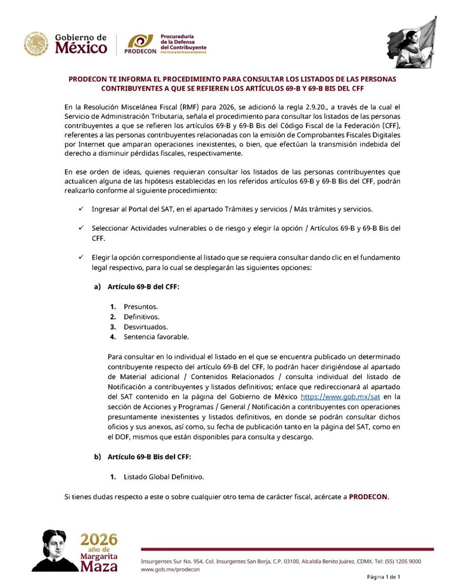 SergioEsquerra's tweet photo. 🚨 Consulta fácilmente las listas del SAT de los artículos 69-B y 69-B Bis del Código Fiscal de la Federación (facturas falsas y pérdidas fiscales indebidas). Portal del SAT → “Actividades vulnerables o de riesgo”.
¿Ya checaste el RFC de tus proveedores? Evita sorpresas. https://t.co/2sgmSmGvOA