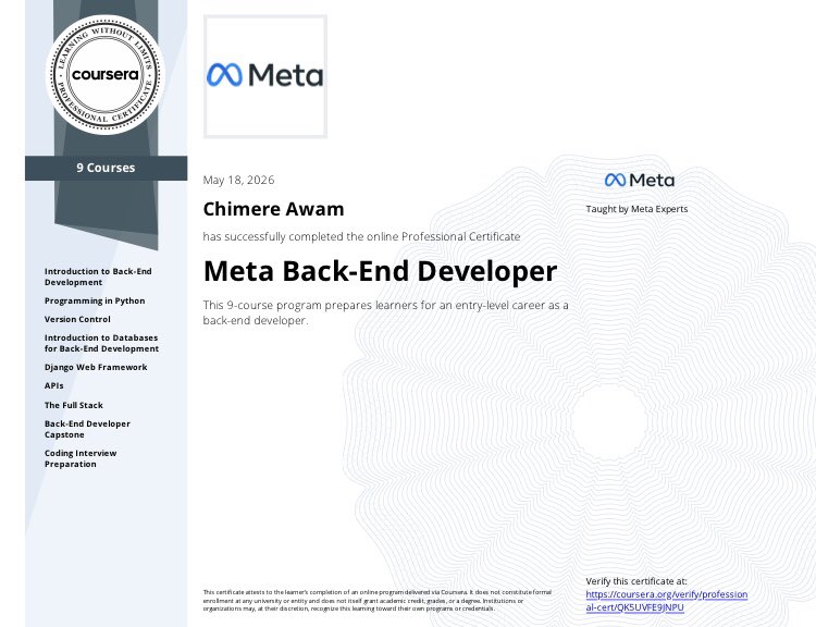 AwamChimere's tweet photo. Just completed the Meta Back-End Developer Program through the @dev_careers initiative 🎉

Built backend systems and REST APIs with DRF while learning authentication, databases, testing, and deployment workflows.

Grateful for the growth 🚀

#Meta #BackendDev #Coursera #DevCareer https://t.co/NM0OkePtEl