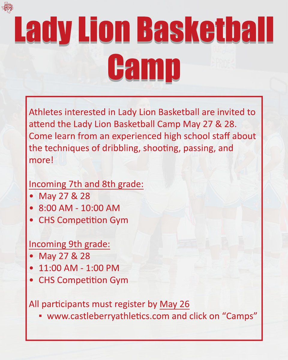 cberrysports's tweet photo. Lady Lion Basketball Camp is right around the corner! Incoming 7th-9th grade athletes are invited to participate in camp on May 27 and 28 in the CHS Competition Gym. All athletes must register by May 26 by visiting https://t.co/3etcyIjnux and clicking on "Camps" 🏀 https://t.co/8bHgDEgEHF
