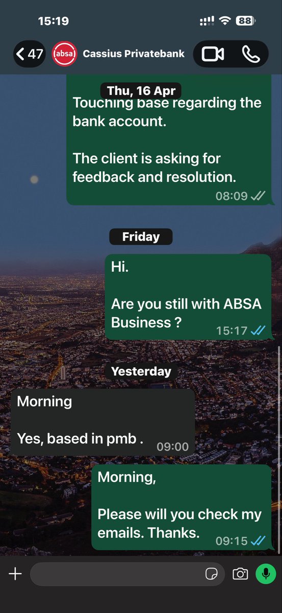 AccordingToNtob's tweet photo. @AbsaSouthAfrica Worse service ever. Even right now, not a call back from that Chatterton Road branch. Worse treatment. I will not send a private message. https://t.co/6q6funBVdZ