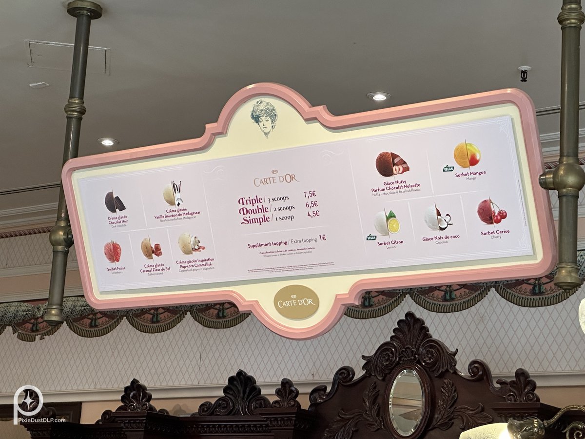 PixieDustFood's tweet photo. Price increase for ice cream at The Gibson Girl Ice Cream Parlour. A double scoop now costs €6.50 (+€1.50), a triple scoop now costs €7.50 (+€2), while the single scoop remains unchanged.

#disneylandparis #disneyparis #dlp #disneyparks #disneyfood https://t.co/Z4gcOTG0XZ
