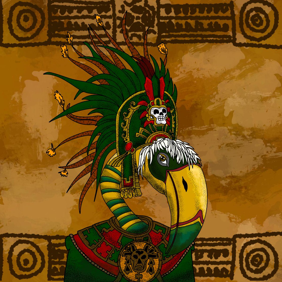 DzulfiqorAzhar1's tweet photo. QUETZALCOATL BEAK — The Feathered God

Before the pyramids had names, the Aztecs carved this face into stone.

I reimagined a Beak character as an ancient Mesoamerican deity draped in a full quetzal feather war headdress, bearing the skull of the underworld, adorned with a golden death mask pectoral, and wrapped in the sacred green & gold of the jaguar priests.

This isn't just fan art. This is mythology

- Aztec xiuhuitzolli war crown
- Skull ornament, symbol of Mictlan, the underworld
- Yellow & green striped neck, sacred serpent pattern
- Death mask chest medallion
- Quetzal feathers, worn only by gods and emperors

Painted stroke by stroke. Watch the full timelapse to see it come alive. 

Submitting this for the @thebeaksart UGC Campaign on @Duce_ai 

@thebeaksart  @DKashtalyan