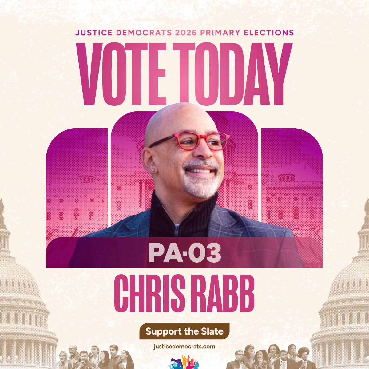 justicedems's tweet photo. IT'S ELECTION DAY PHILLY!

Polls are open until 8PM &amp; we have an opportunity to move on from the machine politics failing us all.

If you want a Congress that fights for our healthcare, housing, education &amp; democracy — not corporate profits, ICE &amp; wars:

Vote @chrisrabb in #PA03! https://t.co/v7qOKVT6L1
