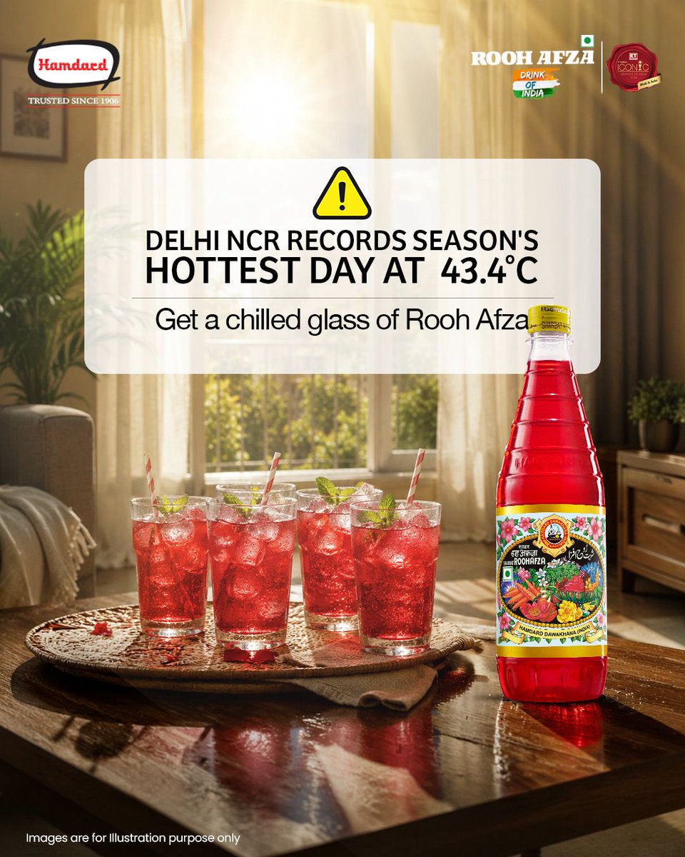 HamdardFoods's tweet photo. Delhi NCR ki record-breaking garmi ka ek hi cool solution — ek chilled glass of Rooh Afza!
Beat the heat and refresh every sip with the taste India loves.
#RoohAfza #DrinkOfIndia #Hamdard #BeatTheHeat #SummerRefreshment https://t.co/Orv3wkgWR8