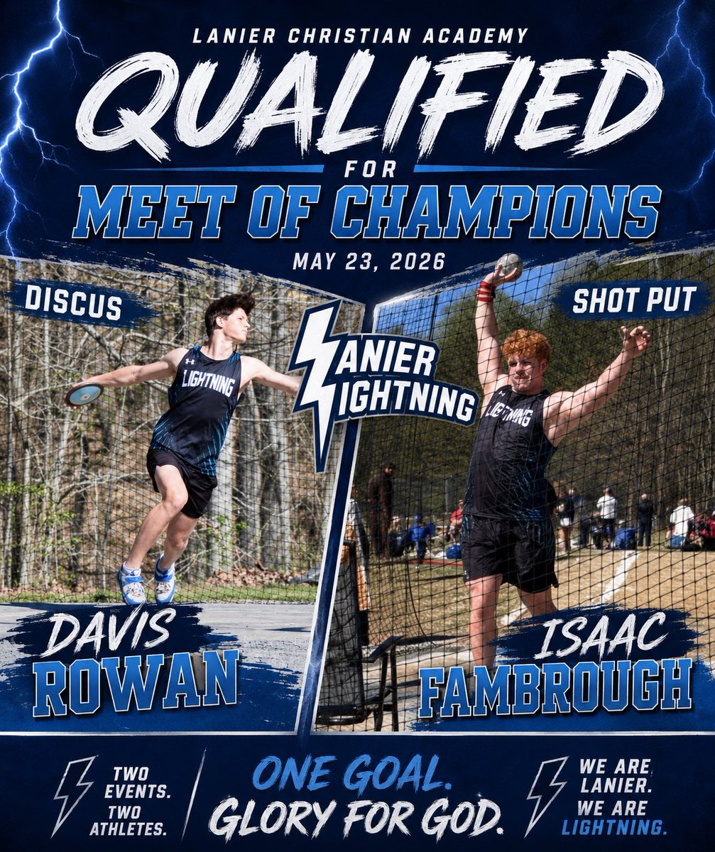 LCA_Track_Field's tweet photo. Congrats to @DAVIS__ROWAN and @IsaacFambrough for qualifying for the 2026 @GatfxccaX @GATFXCCA Meet of Champions in both Shot Put and Discus.

Proud of their work and the way they represent Lanier Christian Academy. @LCA_Christian 

#wearelca #trueblue https://t.co/Scc3J4IZKj