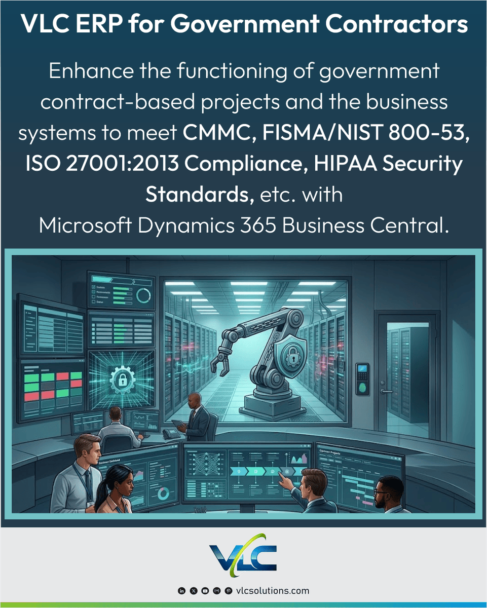 vlcsolutions's tweet photo. Ensure compliance and efficiency in government contracting with VLC ERP, powered by Microsoft Dynamics 365 Business Central. Meet CMMC, FISMA/NIST 800-53, ISO 27001, HIPAA, and more.
https://t.co/yoAMTTlok7
 #GovernmentContracting #ERP #Compliance #VLCERP https://t.co/q2FjCvBV0j