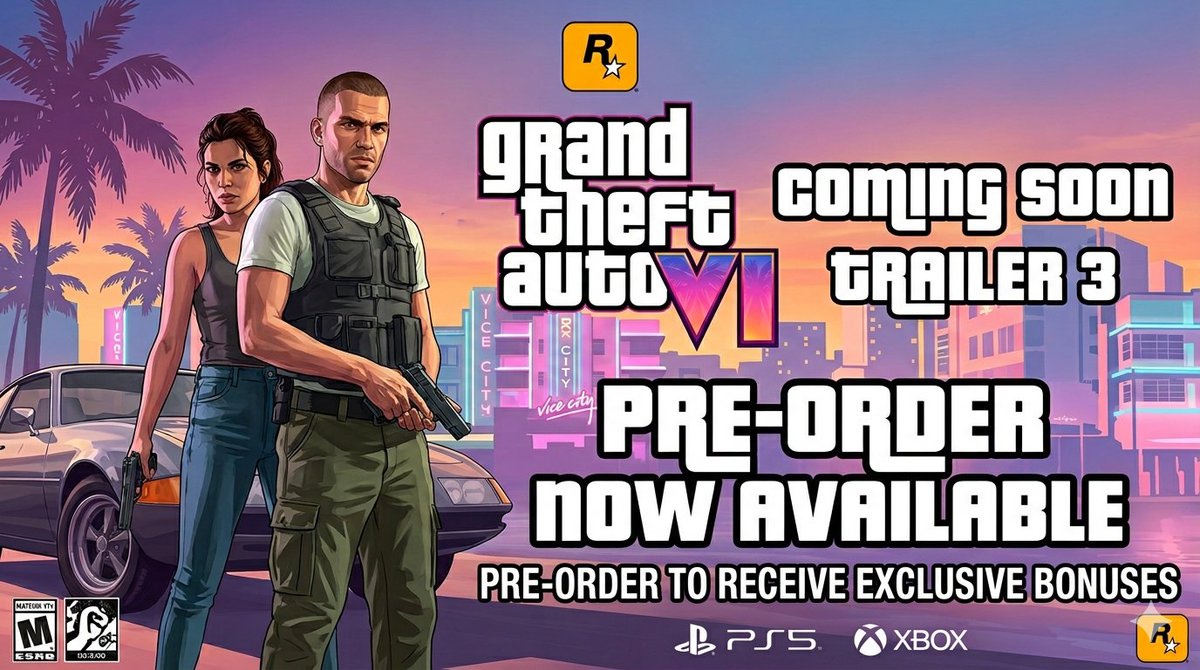 33tymek's tweet photo. 🚨 GTA 6 TRAILER 3 IS COMING.
The wait is almost over. Vice City never looked this good.
Lucia &amp; Jason about to steal our hearts (and cars).
Pre-orders dropping any day now — be ready to secure your copy day one.
This is the one. Rockstar cooking something insane. Who’s hyped?! https://t.co/7CDRhl9DIJ