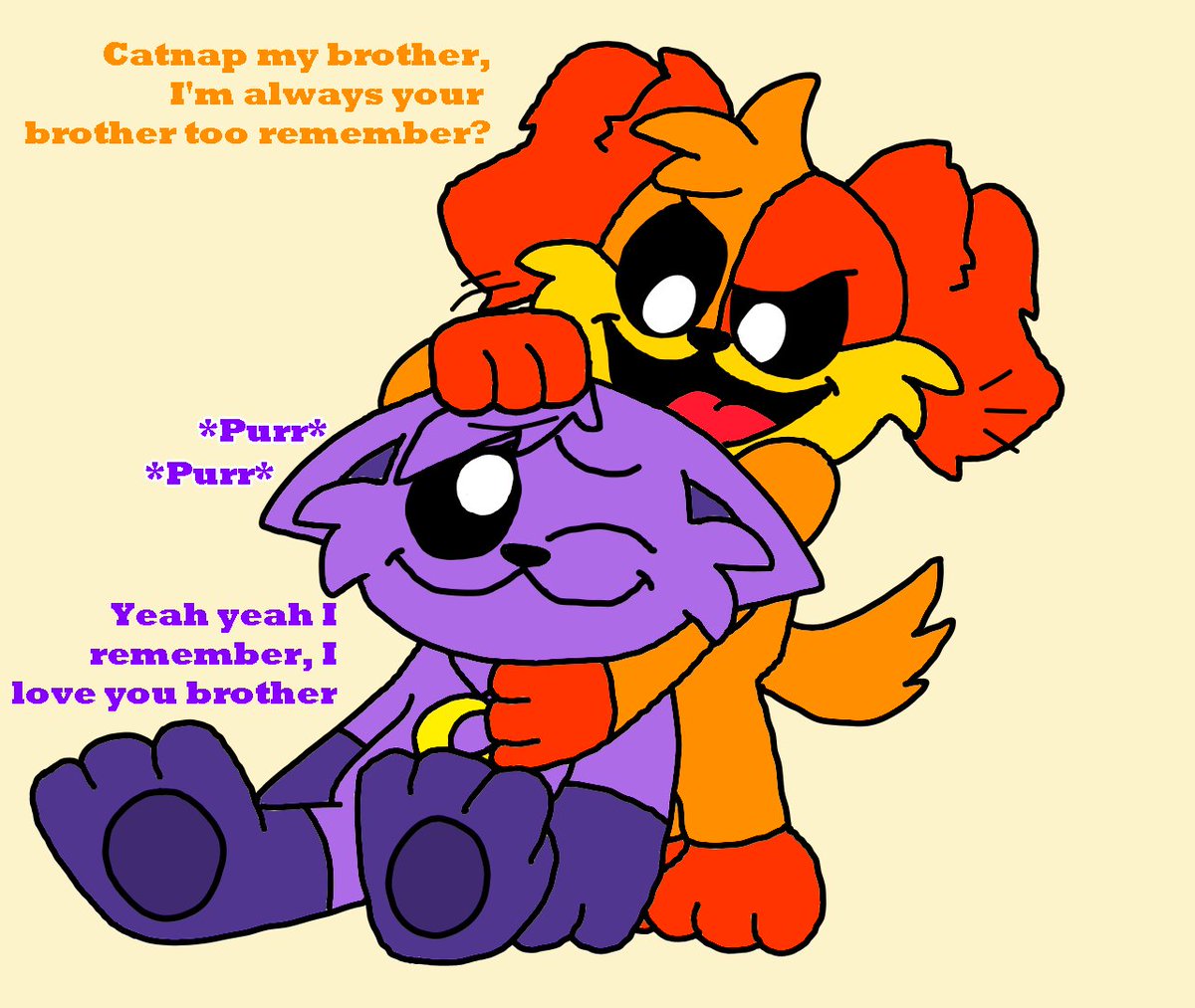 justachasefan's tweet photo. Dogday and Catnap are being brotherly affectionate with each other 💜🧡

#Smilingcritters #smilingcrittersfanart #Catnap #Dogday https://t.co/vIvABQt70B