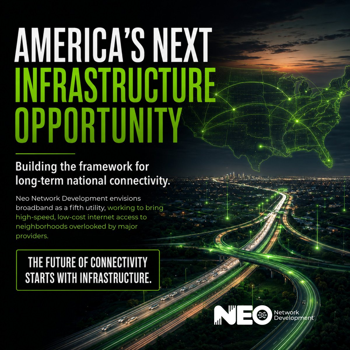 neo_network_dev's tweet photo. The next major infrastructure opportunity is connectivity.

Long-term broadband growth requires scalable infrastructure built for the future — not temporary fixes.

#Broadband #FiberInfrastructure #Connectivity #Telecom #AmericanFirst https://t.co/i1WGOmzA42