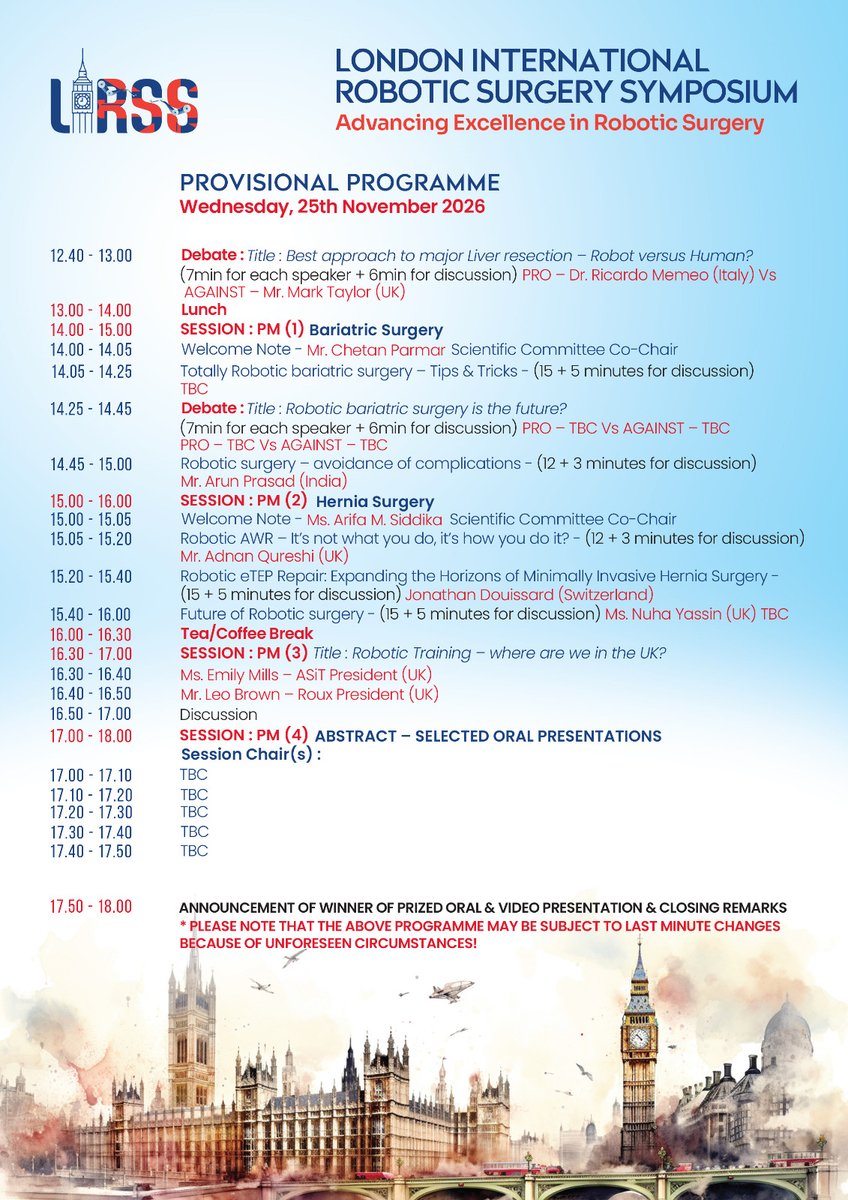 libssorg's tweet photo. Announcing the London International Robotic Surgery Symposium (LIRSS) for surgeons involved in Hernia, Upper Gastrointestinal, Bariatric, and Hepatopancreaticobiliary (HPB) Surgery, at every stage of their robotic surgery journey.
Visit https://t.co/upqHQ297Mz for more details. https://t.co/8bG2IWIWdm