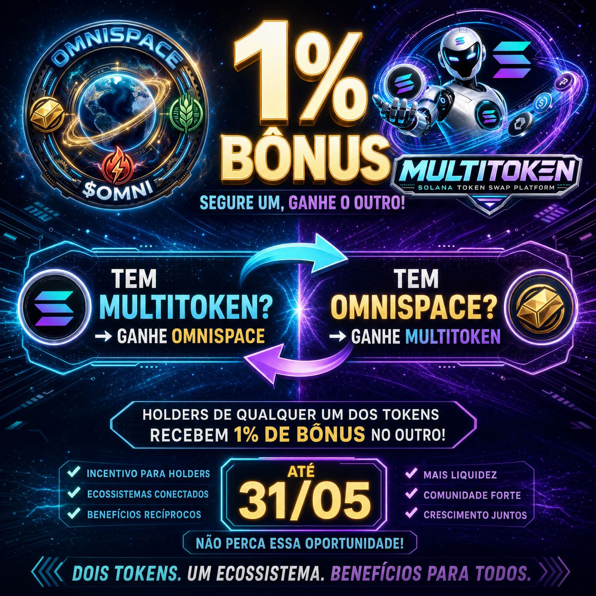 omnicoinspace's tweet photo. 🚨 LUCRO EM DOBRO NA REDE SOLANA: SEGURE UM, GANHE O OUTRO! 🚨

A sinergia perfeita chegou! Dois tokens, um único ecossistema e benefícios reais para todos os nossos holders. O nosso airdrop cruzado já está valendo e a regra é muito simples para você maximizar seus ganhos:

🔄 Benefícios Recíprocos (Bônus de 1%):

Tem OMNISPACE na carteira? Você vai ganhar 1% em MULTITOKEN!

Tem MULTITOKEN na carteira? Você vai ganhar 1% em OMNISPACE!

É o momento perfeito para acumular ambos os tokens! Quanto mais você segurar, maior será a sua recompensa. Mais liquidez, ecossistemas conectados e a nossa comunidade crescendo junta.

📅 CRONOGRAMA OFICIAL:📸 Leitura das Carteiras (Snapshot): 31/05/2026 💸 Pagamento do Bônus: 01/06
Não fique de fora dessa oportunidade de fazer o seu portfólio trabalhar por você. Garanta seus tokens MULTITOKEN agora mesmo na nossa pré-venda oficial: 👉 Compre aqui: https://t.co/zlLLMDSJfk