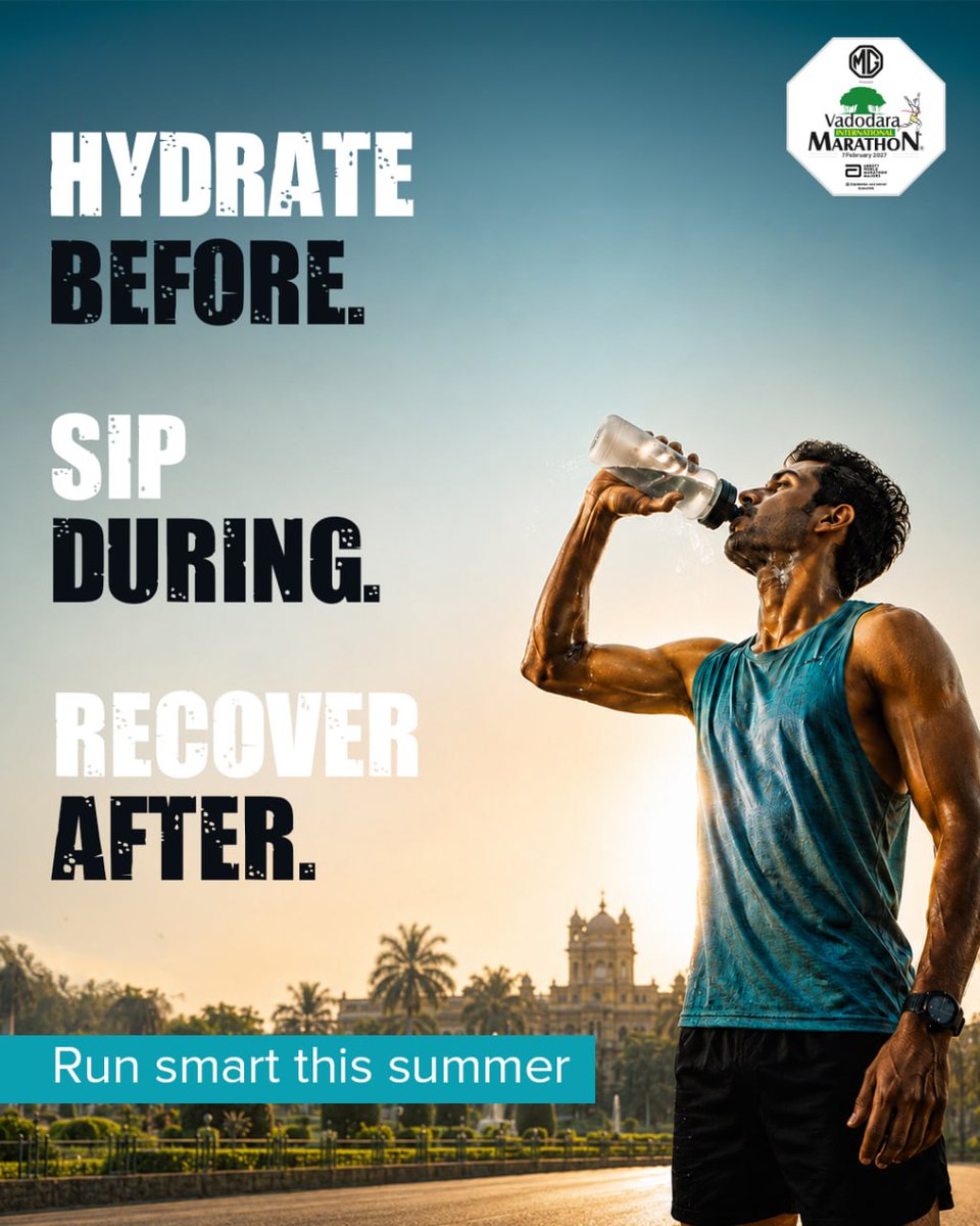 VMIndia's tweet photo. Summer runs don’t just test your stamina.
They test your hydration too.

What you drink before, during, and after your run can change your performance, recovery, and endurance.

#VadodaraMarathon #MyStrideMyPride #SummerRunning #HydrationMatters #RunSmart #StayHydrated #MGVM #VM https://t.co/TS63tlUGSn