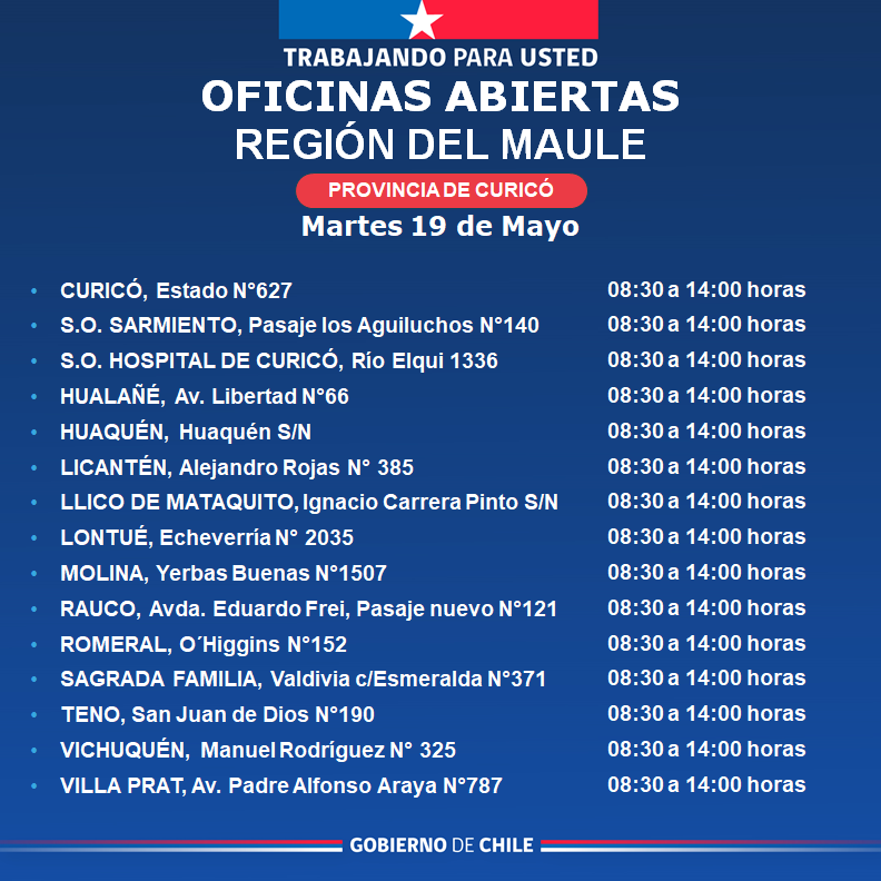 Regcivil_Maule's tweet photo. 🏢 Estas son algunas de nuestras oficinas abiertas en la Región del Maule ✅���
⏰️ Horarios de atención de 08:30 a 14:00 hrs.
Te invitamos a visitar nuestras oficinas a lo largo de la región, realiza tus trámites de manera ágil, segura y oportuna.
Desliza para más información 👉🏼 https://t.co/CgTULBl39T