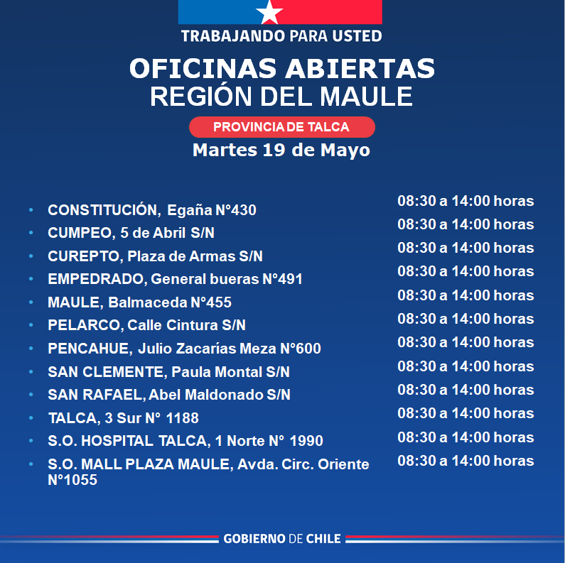 Regcivil_Maule's tweet photo. 🏢 Estas son algunas de nuestras oficinas abiertas en la Región del Maule ✅���
⏰️ Horarios de atención de 08:30 a 14:00 hrs.
Te invitamos a visitar nuestras oficinas a lo largo de la región, realiza tus trámites de manera ágil, segura y oportuna.
Desliza para más información 👉🏼 https://t.co/CgTULBl39T