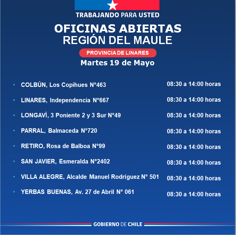 Regcivil_Maule's tweet photo. 🏢 Estas son algunas de nuestras oficinas abiertas en la Región del Maule ✅���
⏰️ Horarios de atención de 08:30 a 14:00 hrs.
Te invitamos a visitar nuestras oficinas a lo largo de la región, realiza tus trámites de manera ágil, segura y oportuna.
Desliza para más información 👉🏼 https://t.co/CgTULBl39T