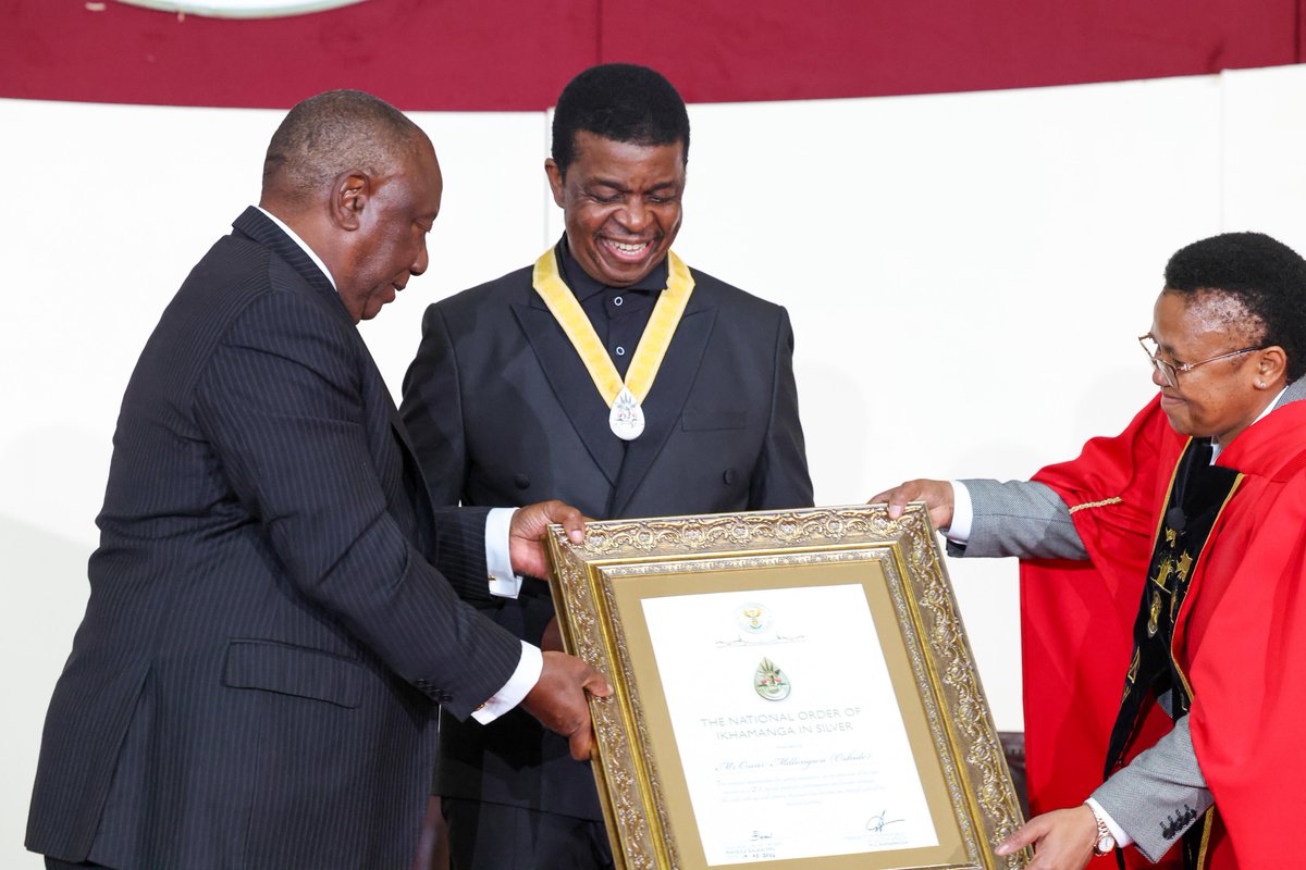 GovernmentZA's tweet photo. 📸 | President Cyril Ramaphosa bestows the Order of Ikhamanga in Silver to Mr Oscar “Oskido” Mdlongwa during today's National Orders.
 
The Order of Ikhamanga recognises South African citizens who have excelled in the fields of arts, culture, literature, music, journalism and sport. Mr Oscar “Oskido” Mdlongwa is recognised for creating opportunities for young musicians, as an extension of his own success as a DJ, record producer, entrepreneur and kwaito pioneer.

#GovZAUpdates #NationalOrders2026