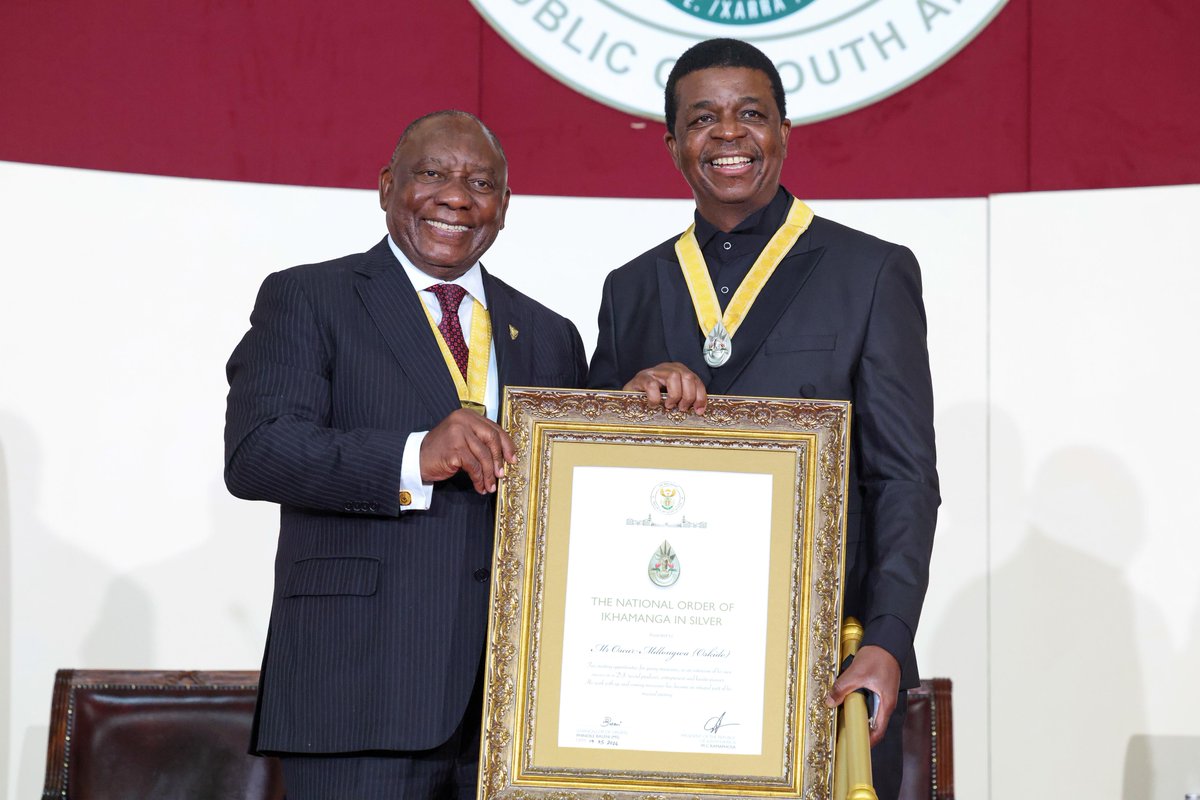 GovernmentZA's tweet photo. 📸 | President Cyril Ramaphosa bestows the Order of Ikhamanga in Silver to Mr Oscar “Oskido” Mdlongwa during today's National Orders.
 
The Order of Ikhamanga recognises South African citizens who have excelled in the fields of arts, culture, literature, music, journalism and sport. Mr Oscar “Oskido” Mdlongwa is recognised for creating opportunities for young musicians, as an extension of his own success as a DJ, record producer, entrepreneur and kwaito pioneer.

#GovZAUpdates #NationalOrders2026