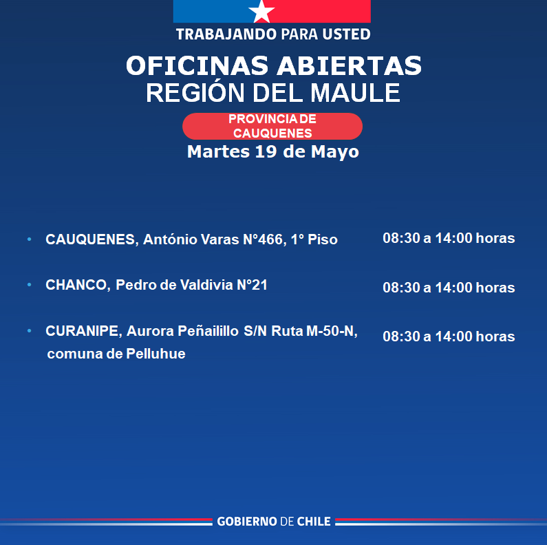 Regcivil_Maule's tweet photo. 🏢 Estas son algunas de nuestras oficinas abiertas en la Región del Maule ✅���
⏰️ Horarios de atención de 08:30 a 14:00 hrs.
Te invitamos a visitar nuestras oficinas a lo largo de la región, realiza tus trámites de manera ágil, segura y oportuna.
Desliza para más información 👉🏼 https://t.co/CgTULBl39T