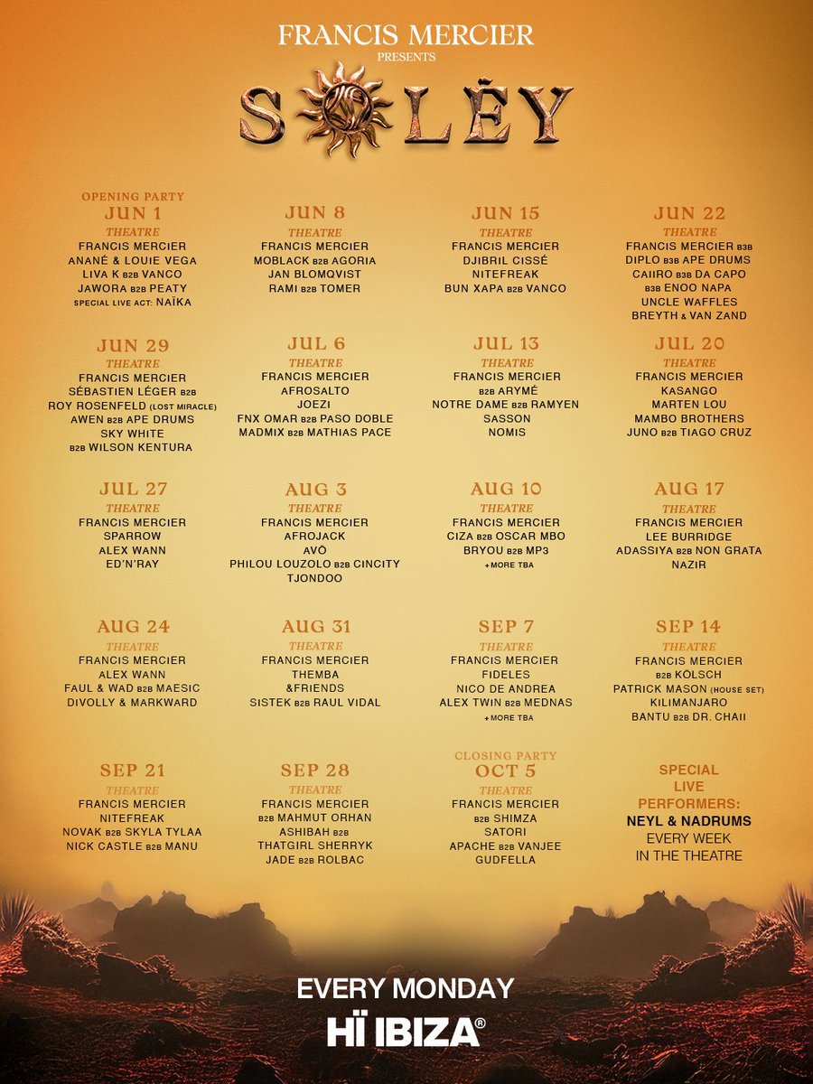 hiibizaofficial's tweet photo. Every Monday writes a new Solèy story.

June 01 - Oct 05

Tickets / VIP bookings via: https://t.co/CknLpvENk5

@francismercier https://t.co/jpPU3qMXpE