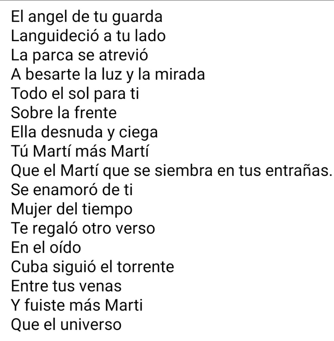 ElbaBallate's tweet photo. Tú Martí más Martí
Que el Martí que se siembra en tus entrañas.
Se enamoró de ti
Mujer del tiempo
Te regaló otro verso
En el oído
Cuba siguió el torrente 
Entre tus venas
Y fuiste más Marti
Que el universo.

#Cuba te  supo desde siempre inmenso Martí de Todos ❤🇨🇺🌴 https://t.co/MkzP0mSSFj