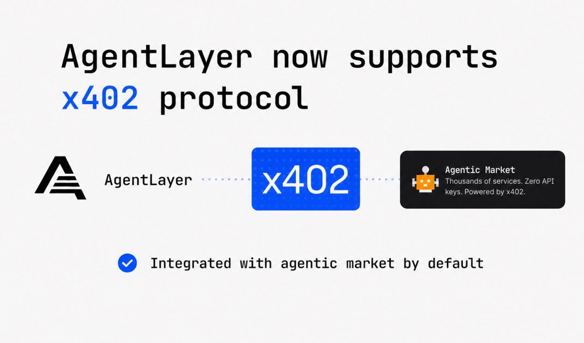 agentlayer_ai's tweet photo. AgentLayer wallet now supports x402 protocol 

x402 toolset is also integrated with agentic(.)market API, so agents can discover and pay for services out of the box

- Pay directly from the @solana and @base wallets
- USDC transactions with ~zero fees
- No extra setup
- No custom payment flow
- Works permissionlessly by default

That means agents can pay for things like image and video generation, LinkedIn data, premium search, and other paid APIs and services

Powered by CDP @CoinbaseDev