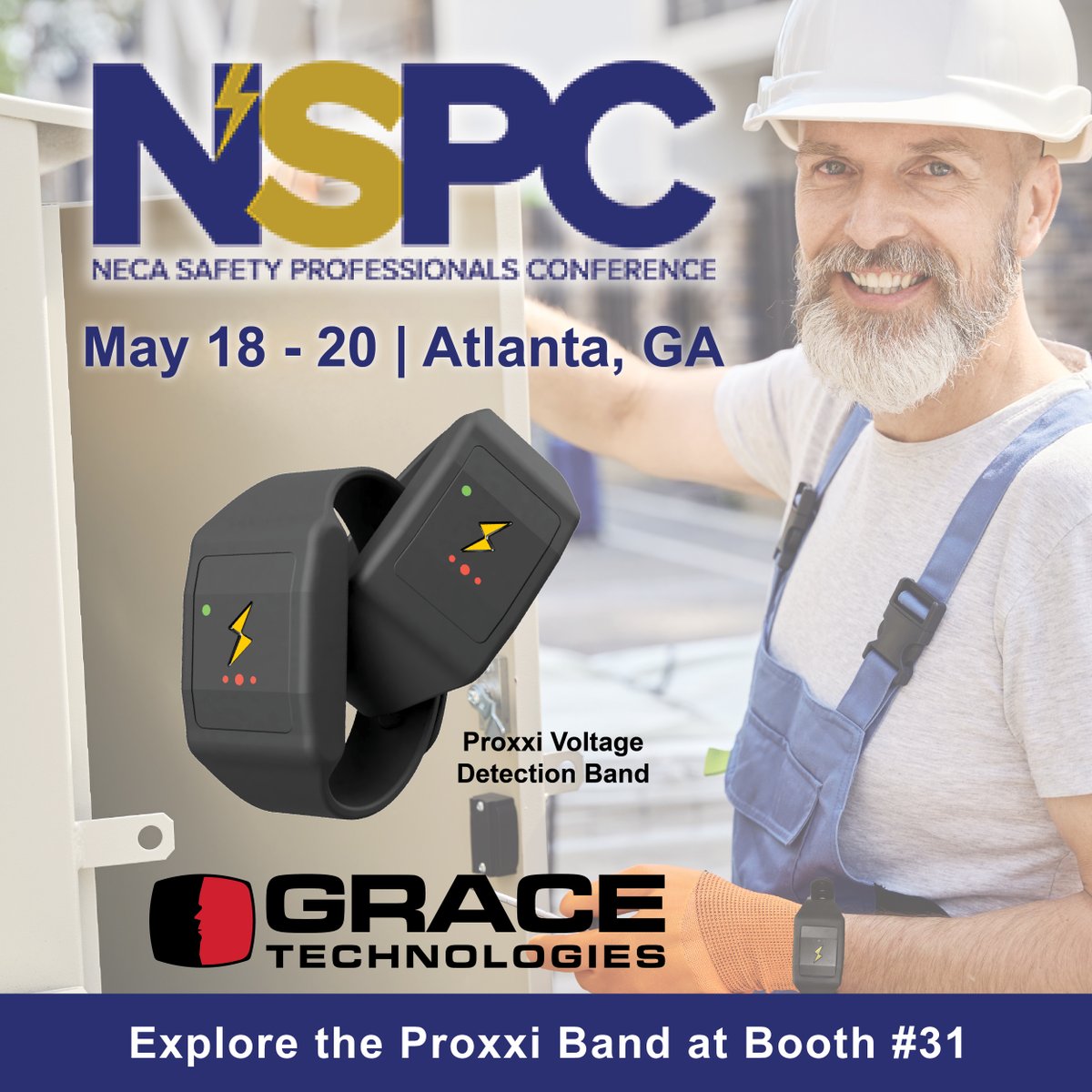 GraceTechIA's tweet photo. We’re in Atlanta today for the at the The Westin Peachtree Plaza for the NECA Safety Professional Conference (NSPC). 

Connect with our team from Grace Technologies to see how Proxxi by Grace is helping improve electrical hazard awareness with real-time wearable voltage detection. ⚡

#NSPC #NECA #ElectricalSafety #Proxxi #NFPA70E