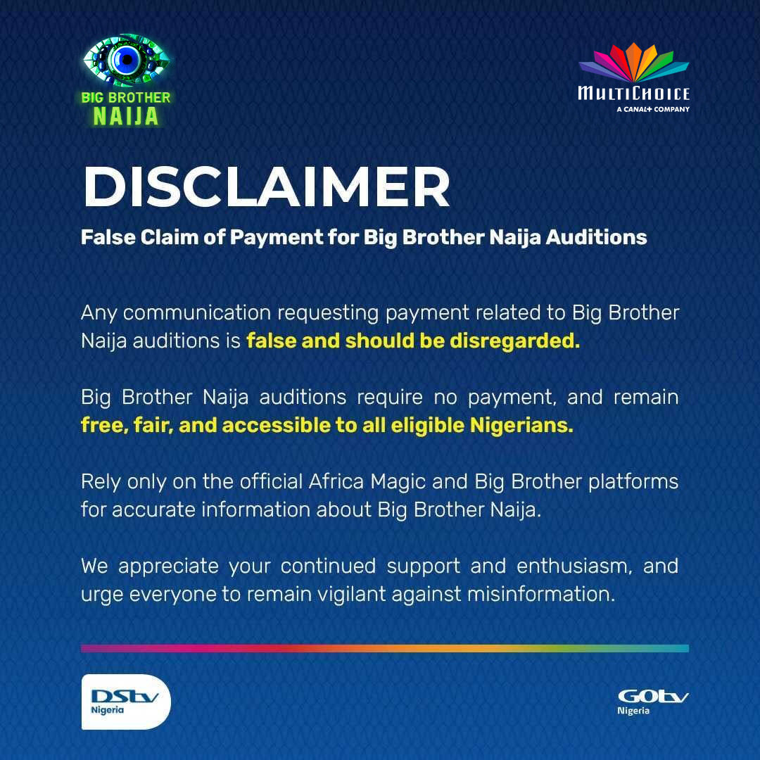 BBNaija's tweet photo. Please beware: Big Brother Naija auditions are completely free.

Ignore any messages asking for payment.

#BBNaija #StayInformed https://t.co/gXy9UQHGtg