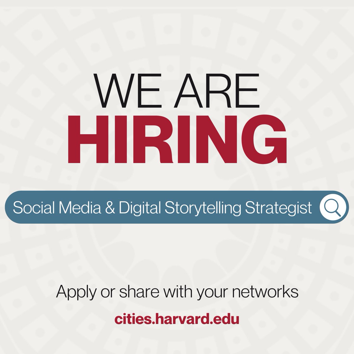 CenterforCities's tweet photo. We’re growing our communications team at the Bloomberg Center for Cities at @Harvard University! We're looking for a Social Media and Digital Storytelling Strategist to help shape how we tell stories about cities, leadership, and impact.

This role is ideal for someone who thrives at the intersection of strategy and creativity, from developing social campaigns and creating short-form video to translating research and policy ideas into engaging digital content for global audiences.

If you’re deeply plugged into digital culture, excited about visual storytelling, and passionate about elevating the work of city leaders and researchers, we’d love to hear from you. Please share with anyone who may be a great fit: https://t.co/L6GA73kLxx.