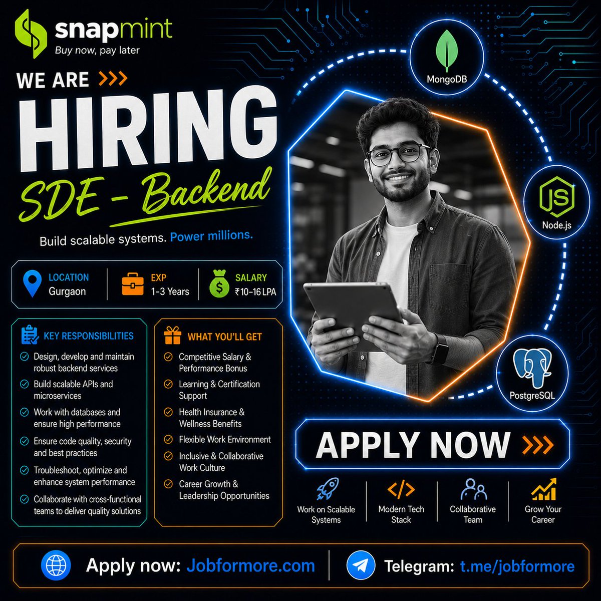 jobformore's tweet photo. 🚀 SDE - Backend @ Snapmint!
📍 Gurgaon
🎓 BTech CS 1–3 Yrs
🔥 Node.js + PostgreSQL + MongoDB
💰 INR 10–16 LPA
Web &amp; Automation! 💻

#Snapmint #BackendEngineer #GurgaonJobs #Jobformore

Apply: https://t.co/jTZNEjxqoj https://t.co/HISXrwRllW