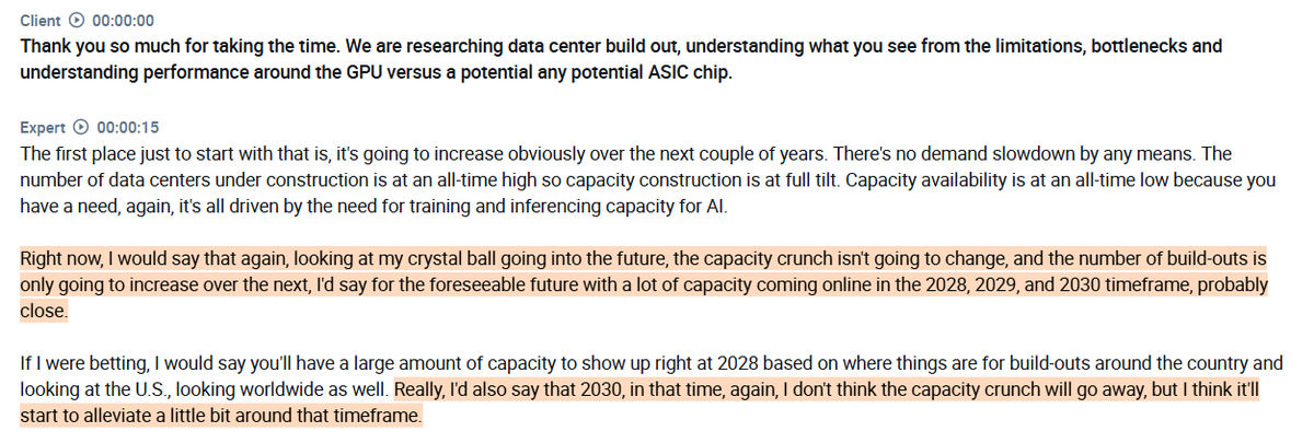 AlphaSenseInc's tweet photo. Former $MSFT employee on why $MSFT leads the hyperscaler capacity race and what that means for the competition ( $GOOGL, $META, $AMZN ):

- The expert sees no slowdown in data center demand, with construction at an all-time high and available capacity at an all-time low, driven entirely by the need for AI training and inference. He doesn't expect the capacity crunch to ease anytime soon, with a large wave of new supply anticipated around 2028 based on current build-out timelines across the U.S. and globally, and some further relief potentially coming by 2030. However, the expert stops short of calling it a full resolution.

- The expert ranks $MSFT as the clear leader on current capacity, with $GOOGL in second place, moving quickly on both deployment and the commercialization of its TPUs for external use. $META comes in third, though the expert notes some uncertainty around how much capacity $META actually has available right now. $AMZN sits in fourth place, which the expert attributes to overindexing on the Inferentia line, which slowed capacity buildout in the short term, though the expert does not see that gap as permanent.

- The expert sees behind-the-meter microgrids as a practical and economically compelling solution for data center power, pointing to natural gas-rich areas where facilities can generate power at $0.03 to $0.07 per kilowatt hour compared to $0.17 to $0.21 from the grid, a cost difference significant enough to justify building out the infrastructure entirely.

- He believes the near-term mix will likely be gas turbines alongside battery energy storage systems tied to solar, but the expert sees SMRs as the ultimate destination, with companies making meaningful progress and permitting activity accelerating.

- The expert puts the cost of a standard non-GPU data center at around $10 to $12 million per megawatt all in, rising to roughly $20 to $22 million per megawatt for an AI-focused build, with the difference driven by higher power density requirements, different cooling strategies, and more specialized equipment. According to the expert, regional land costs add another layer on top pushing prices significantly higher regardless of workload type.