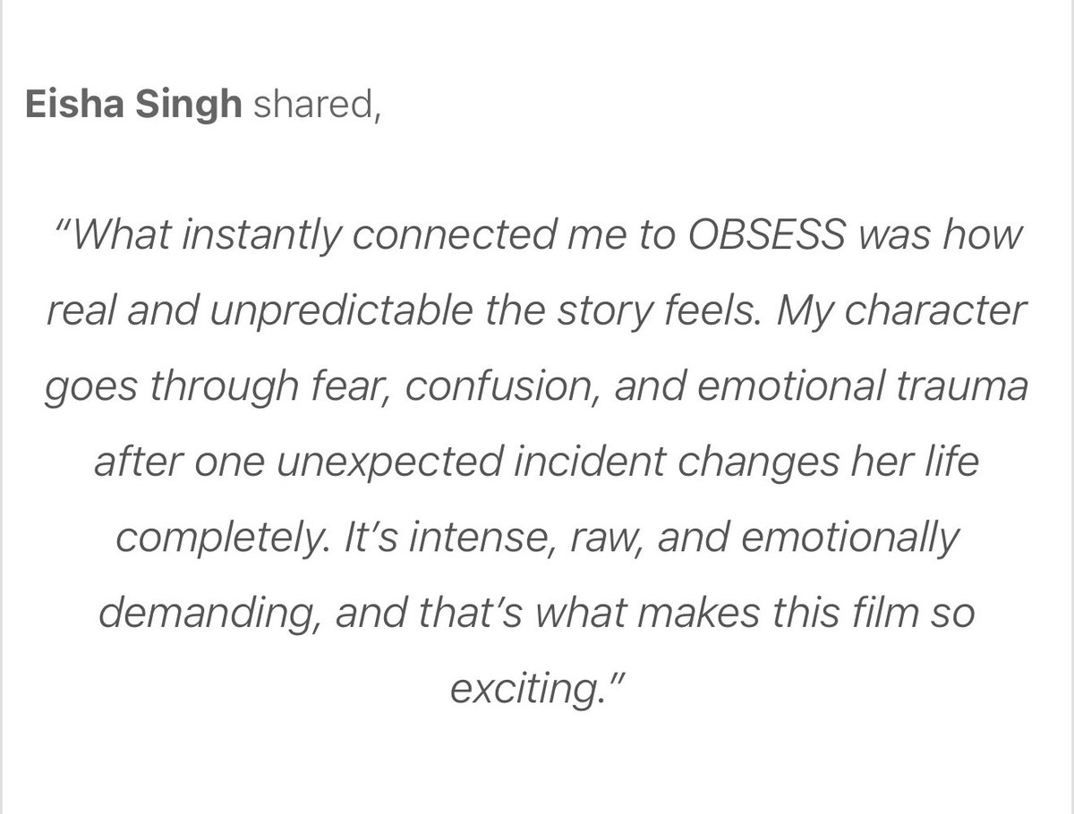 Zarahx02's tweet photo. 10 days till #Obsess is in cinemas next to you!!  Eisha has worked so for this, a character we’ve never seen from her and it’s been such a long time waiting!! Can’t wait to meet Sara 😍♥️

#EishaSingh https://t.co/AyFM0ftNN3