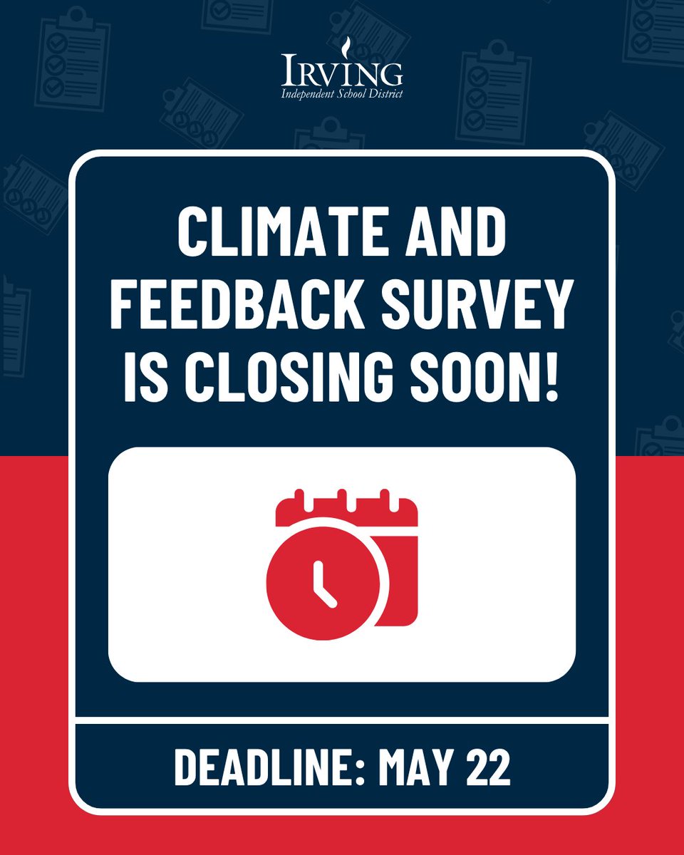 IrvingISD's tweet photo. 🗣️ Irving ISD Families - there are only a few days left to share your voice! Take our panorama survey to help improve student support, safety &amp; communication. 💻✨

🔗 https://t.co/eWsRmT9aYS 

⏰Deadline: May 22 https://t.co/8nKA678C84