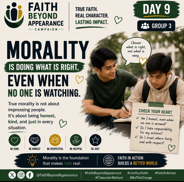 campaign_faith's tweet photo. Morality is doing what is right, even when no one is watching.

Being honest, kind, and fair says more about us than appearances ever will.

#FaithBeyondAppearance #MoralityMatters #CharacterMatters #FaithInAction #Group3 https://t.co/TuhBNh83vE