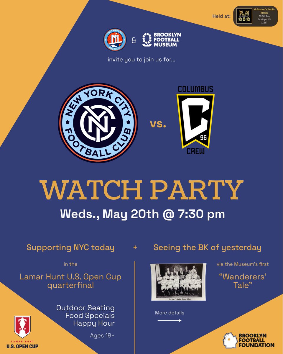 bkdotfb's tweet photo. We’re drawing a line from the history of soccer in Brooklyn, right to its present-day clubs.

Join us on Wednesday for this year’s @opencup quarterfinal! We’ll be unveiling the first of our “Wanderers” panels at McMahon’s, going up in pubs across the borough all summer. ☘️🗽 https://t.co/Jf6O9am83X