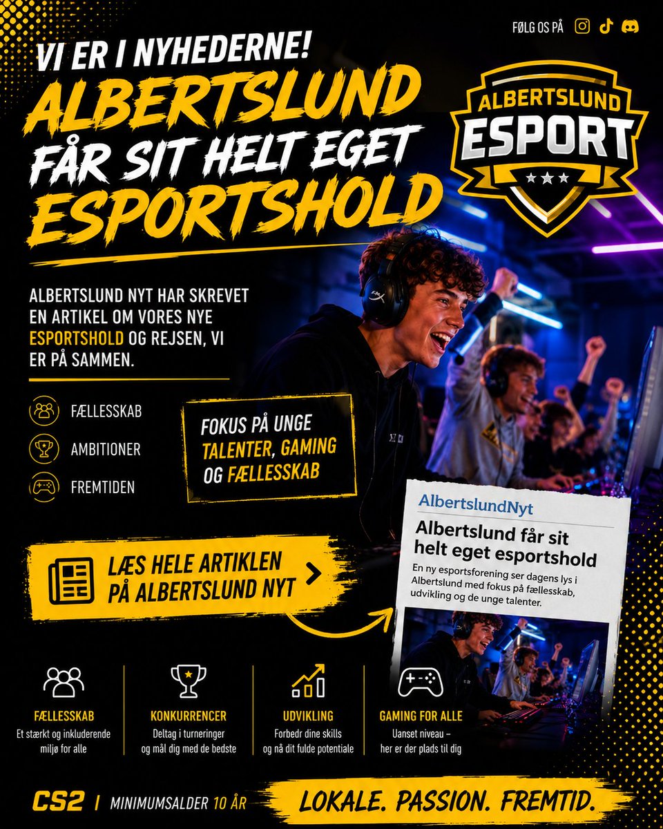 AlbEsport_'s tweet photo. Vi er stolte af, at Albertslund Nyt har skrevet om vores nye esportsforening 🎮🙌

Det betyder meget at kunne sætte fokus på esport, fællesskab og de mange unge talenter i Danmark 💪

Læs artiklen her 👇
https://t.co/riVHOtjbeU https://t.co/z7ms8X8c6H
