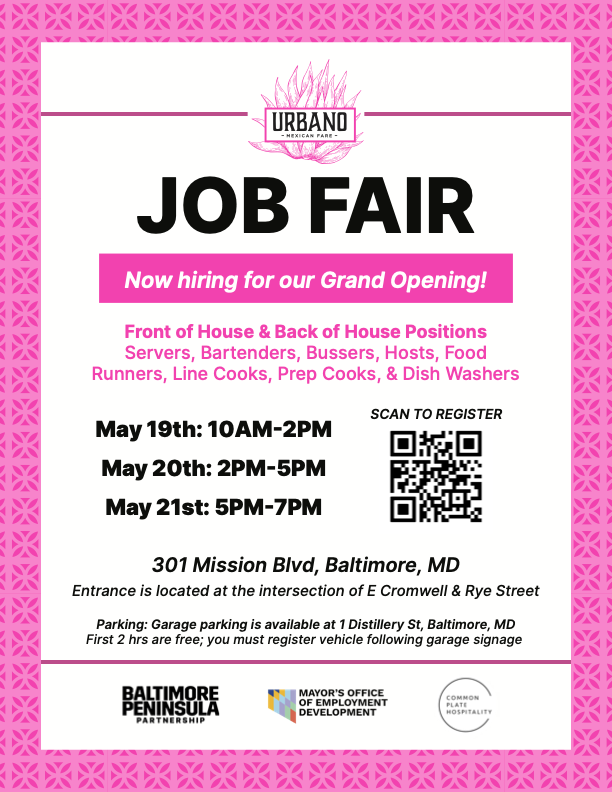 JobsBaltimore_'s tweet photo. Urbano is hiring for their Grand Opening at Baltimore Peninsula! Join one of their job fairs today through Thursday to interview for front and back of house positions. ✅

🗓️ May 19th-May 21st
📍301 Mission Blvd https://t.co/os2cZyicAg