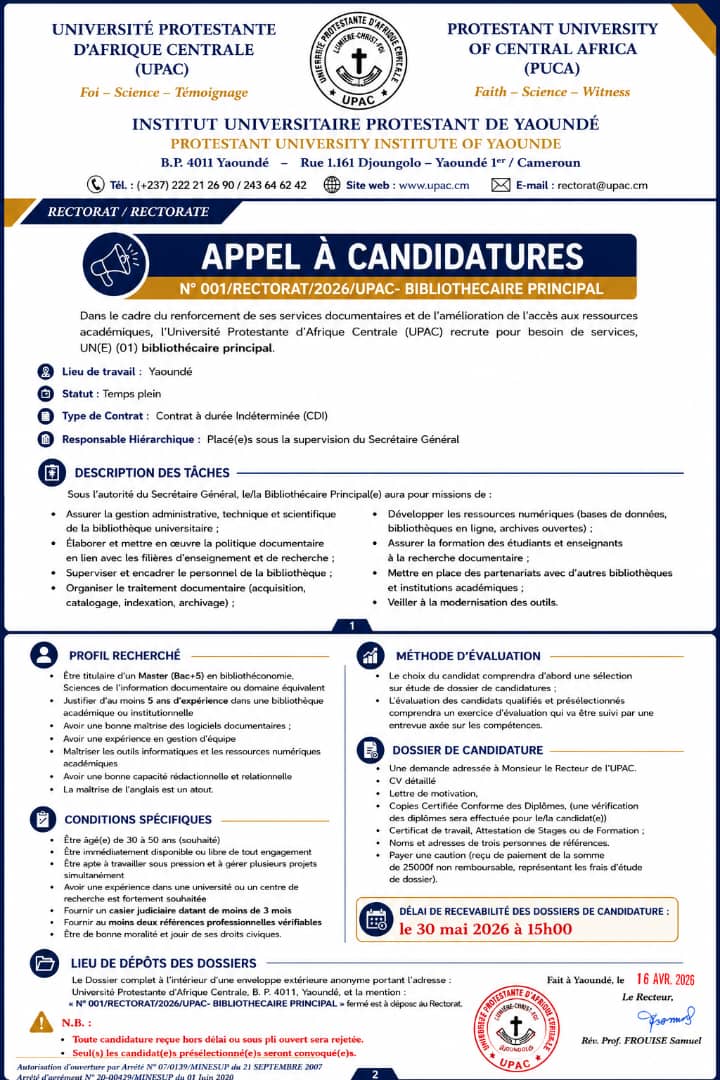 ComUpac's tweet photo. APPEL A CANDIDATURE POSTE BIBLIOTHECAIRE PRINCIPAL A L'UNIVERSITE - UPAC - YAOUNDE https://t.co/axm5hpaEw9