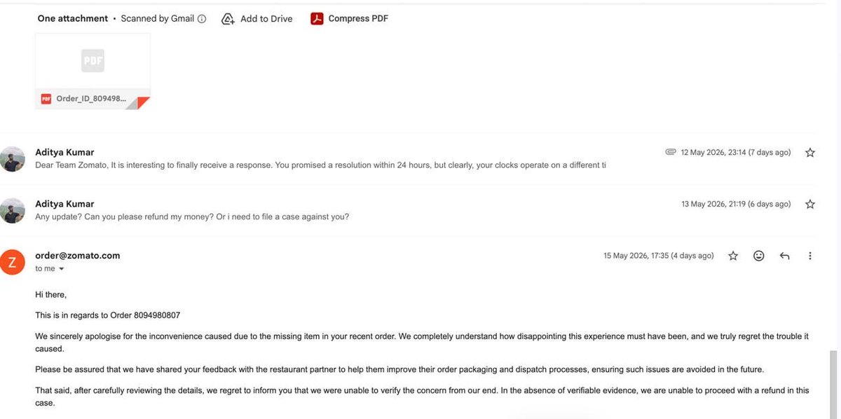 Adityakr001's tweet photo. @zomato charged me for 2 biryanis, delivered 1, ignored me for 9 days, asked for “evidence” I already sent, then said “can’t verify.” Wow even when there is evidence lol,Gold membership means nothing to you apparently. Never again. Order 8094980807 | Ticket 163009146 #ZomatoScam https://t.co/pCu6MVlP8f