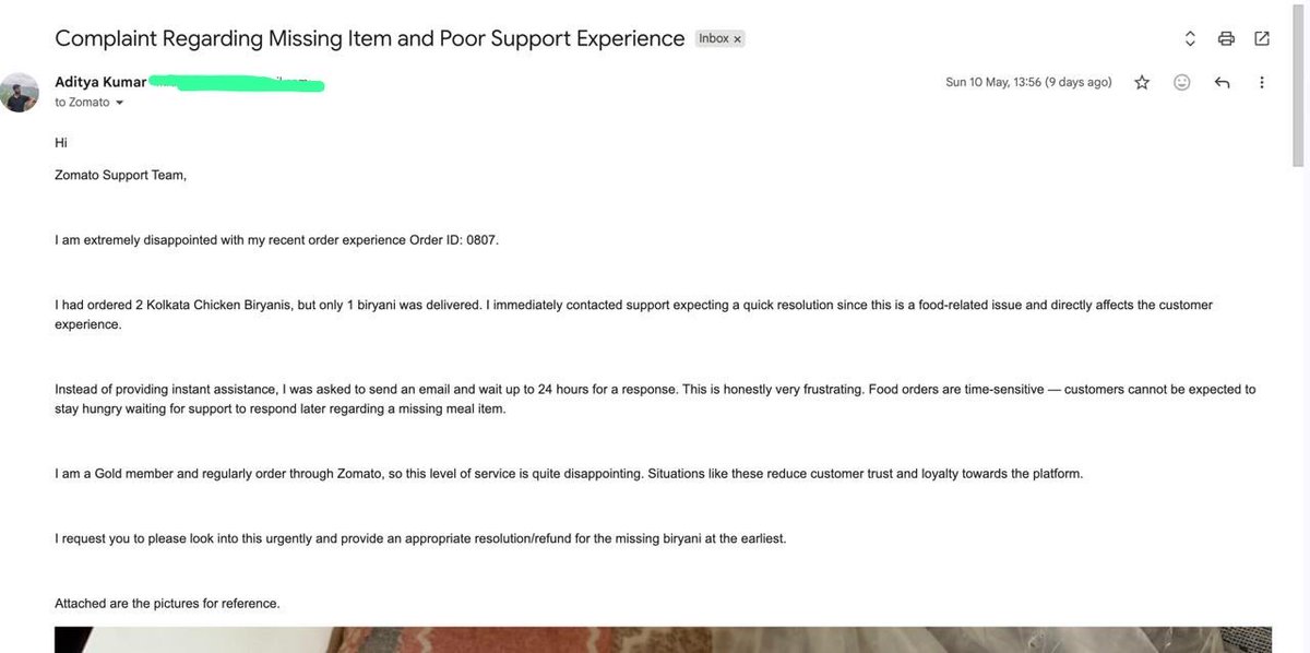 Adityakr001's tweet photo. @zomato charged me for 2 biryanis, delivered 1, ignored me for 9 days, asked for “evidence” I already sent, then said “can’t verify.” Wow even when there is evidence lol,Gold membership means nothing to you apparently. Never again. Order 8094980807 | Ticket 163009146 #ZomatoScam https://t.co/pCu6MVlP8f
