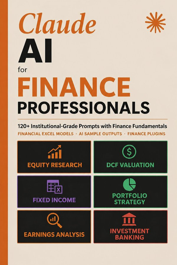 JasonKHood's tweet photo. Finance analysts earn $95k–$250k/year.

The ones using Claude AI close work 3x faster.

📘 Claude AI for Finance Professionals — 120+ institutional-grade prompts for equity research, DCF, fixed income, portfolio strategy, earnings analysis, and IB workflows. Excel models included.

Normally $189 → 100% FREE for 48 hrs

Like + RT + comment 'Ebook'

Must Follow me so I can DM you.